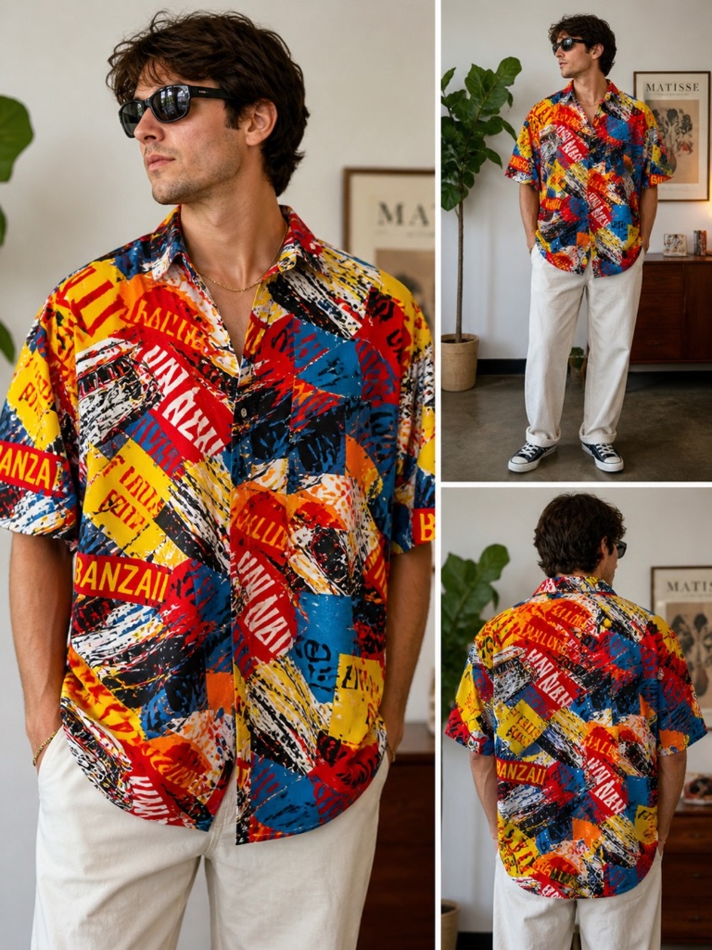 Vintage Daniel Hechter Hawaiian Graphic Button-Up Shirt XL Retro Surf Print